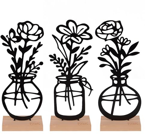 UNUS® Deko-Aufsteller 3er Set Vase mit Blumen aus Metall mit Bambus-Sockel | in Schwarz oder Weiß, stilvolle Tischdeko für Wohnzimmer, Fensterbank oder Balkon