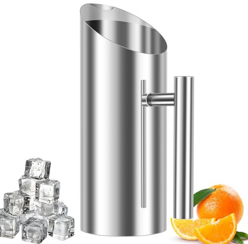 Stainless Steel Water Pitcher Carafe with Ice Guard and Handle Modern Metal Rustproof Water Pitcher Jug Polished Beverage Container for Serving Iced/Hot Tea, Juice, Coffee, Milk (1L)