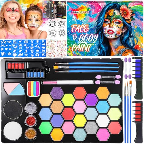 ZZXLOPEZ Body Painting, 26 Colori Pittura di Corpo con Pennelli e Stencil, Truccabimbi Kit, Trucchi Halloween Bambini, Corpo di Vernice Adatto Halloween, Carnevale, Natale, Pasquale, Cosplay
