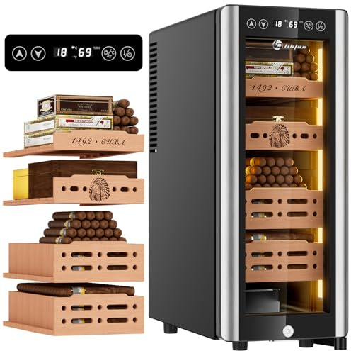 LIHTUN 35L Electric Cigar Humidor Cabinet with Light for 250 Cigars, Thermoelectric Cooling, Adjustable Temp and Humidity, Digital Display, 4 Removable Cedar Shelves, Lock, Wine Storage, Gift for Men