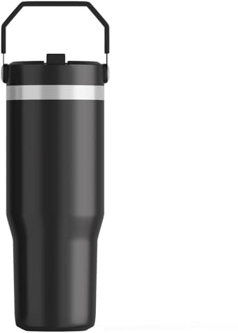 FOLAI Leakproof Flip Water Tumbler,30oz Stainless Steel Hot and Cold Water Bottle with Ergonomic Handle and Straw Keeps Cold for 12+ Hours,Ideal for Gym,Car,Beach-Easy to Carry Travel Mug(Black)