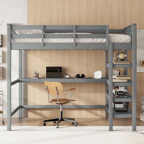 Hochbett mit Schreibtisch und Lagerregal 140x200cm, Kinderbett Bettgestell mit Lattenrost & Rausfallschutz, Platzsparendes Kinder Etagenbett aus Kiefernholz, Funktionsbett Stockbett (Grau, 140x200CM)