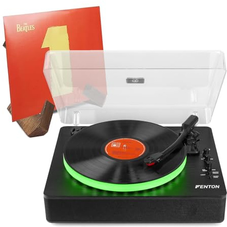 Fenton RP162LED Vinyl Record Player with Bluetooth, RGB LED Lights, Built-in Stereo Speakers & Retro Wooden Vinyl Holder Stand, 3-Speed Turntable System