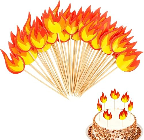 RAYAKT Feuerwehr Cupcake Topper 50 Stück - Tortendekoration für Feuerwehrparty & Kindergeburtstag - Bunte Kuchen Deko mit Flammen Design