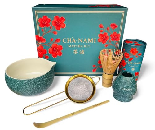 CHÀ-NAMI Matcha Set Classic 5-teilig, japanisches Matcha Zubehör Set mit Keramikschale, 100-Borsten-Chasen, Bambuslöffel, Edelstahlsieb und Keramikhalter