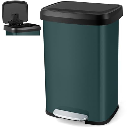 COSTWAY 50L/68L Kitchen Bin, Soft Closure Stainless Steel Recycling Pedal Bin with Deodorizer Box, Handle and Non-slip Base, Fingerprint-Proof Rubbish Trash Can Dustbin (50L, Dark Green)