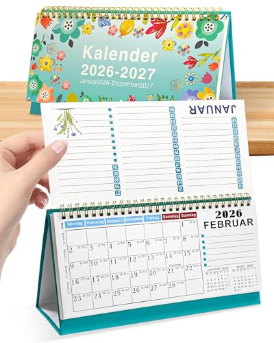 MAJOYLIFE Tischkalender 2026–2027,Stehkalender,Klappkalender quer,Eine Seite pro Monat, mit Notizfeld auf der Rückseite, Daten einschließlich Feiertage, 25x15cm (Stil 1)