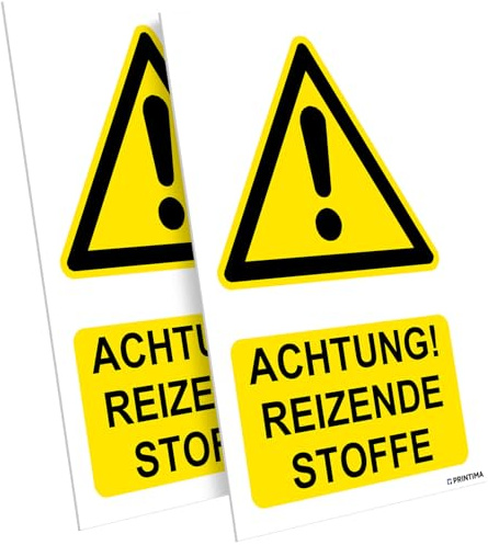 PRINTIMA 2er Set PVC Schild „ACHTUNG! REIZENDE STOFFE“ 21x32 cm – Warnschild mit Montageset für Schilder – Sicherheitskennzeichnung für Gefahrstoffbereiche, Labor, Betrieb und Industrie