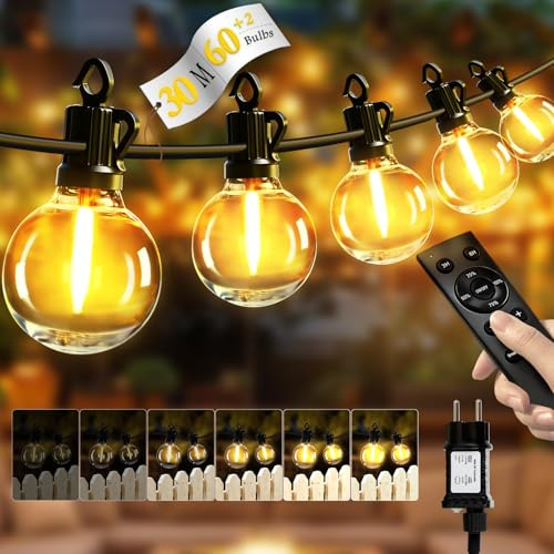 EFFILUMLUX Guirnalda Luces Exterior, 100FT/30M Guirnaldas Luces Exterior Dimmable con Mando a Distancia, 60+2 G40 Bombillas, 4 Modos, IP65 Conectable Iluminacion Lampadas para Balcón Jardín Terraza