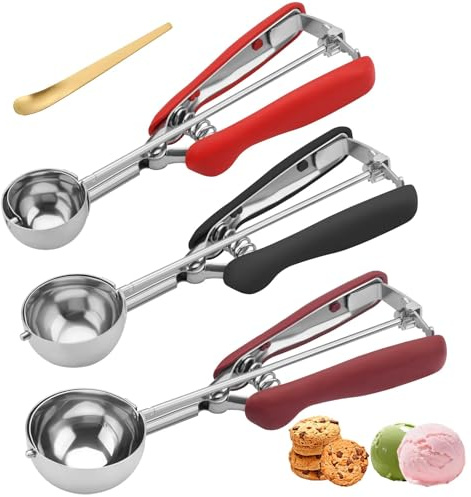 Eisportionierer Edelstahl 3er Set, Plätzchenportionierer & Teigportionierer mit Auslöser, Rutschfester Griff, 3 Größen für Kekse, Muffins, Eiscreme & Fleischbällchen