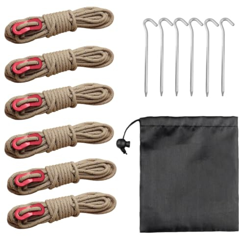 YSDINK Kit di 6 corde per tenda riflettenti con tenditori (4 mm x 4 m per rotolo) e 6 picchetti in alluminio, cinghie rinforzate per campeggio, escursionismo, roulotte e tenda (beige)
