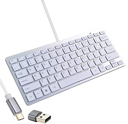 Powboro USB C Mini Keyboard Compact Small Slim Wired Keyboard USB-C Connection,Ultra Thin Design 78 Scissor Keys for Andriod, Computer, Laptop, PC,Desktop (White)