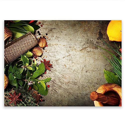 SMTDeco Herdabdeckplatte 40×30 cm – Mehr Arbeitsfläche, Spritzschutz & Schneidebrett – ESG Glas, kratzfest – für Induktion/Ceranfeld – 1-teilig, Motiv Kräuter Grau