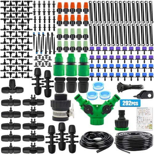 ZOUFRIDN 292 PCS Irrigation System Greenhouse Watering Systems,468FT/45M Drip Irrigation System, Automatic Irrigation System with Adjustable Nozzle Sprayer and Dripper Automatic for Lawn/Garden/Patio