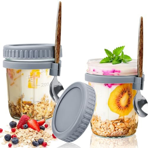 WuGU 2PCS Tarros de Cristal con Tapa y Cuchara, 300 ml Overnight Oats Jar, Porta Yogurt y Cereales Taza de Cereales, Vasos Yogurtera con Tapa para Cereal Leche Fruta (Gris)