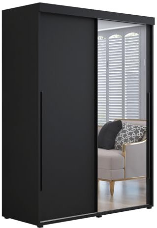 Meble Slupia - Garderobenschrank - Kleiderschrank mit Spiegel und Schiebetüren - 100x202x62cm - Kleider Schrank Schlafzimmer mit Kleiderstange - IGA 01 Schwarz, Griff Schwarz