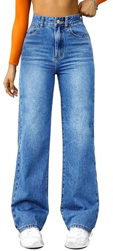 FUNUCA Straight Leg Jeans for Women,High Waisted Wide Leg Loose Microelastic Boyfriend Denim Pants Blue