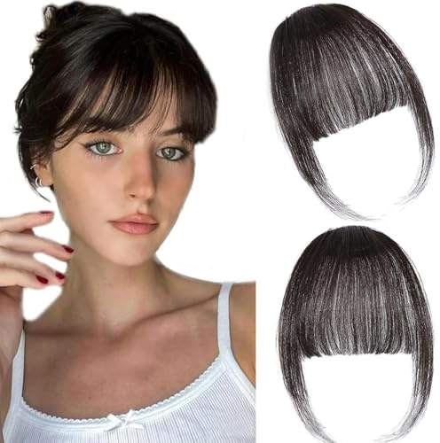FFWTPY Haarschmuck One Piece Human Hair Clip in Pony Vorne Bang Haarverlängerung Extensions Natürliche Bangs Synthetisches Haarteil mit Schläfen für Frauen (Braun-schwarz)