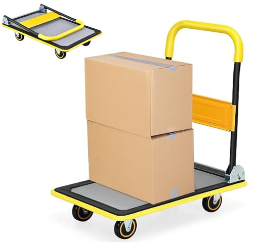 HOMFME Folding Platform Trolley, Heavy Duty Flatbed Platform Truck Dolly with Handle, Moving Push Hand Sack Truck Luggage Cart for Loading (Yellow, 91x61x89cm,300kg Capacity)