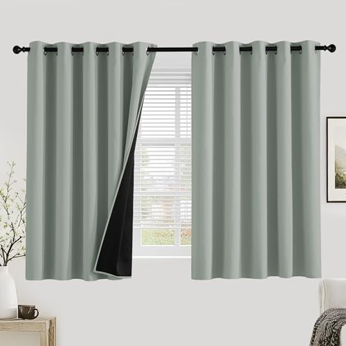 PONY DANCE 100% Blackout Curtains for Bedroom - Thermal Full Blackout Eyelet Curtains & Drapes Heat and Light Blocking Panels for Living Room with Black Liner 2 Pcs, 66 x 54 Inch, Sage Green
