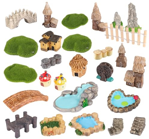 27Pcs Fairy Garden Miniatures Accessories Set,Resin Miniature Garden Ornaments with Houses,Bridges,Mushrooms & Ponds, DIY Outdoor Miniature Gardens Accessory for Terrarium, Bonsai, Dollhouse Decor