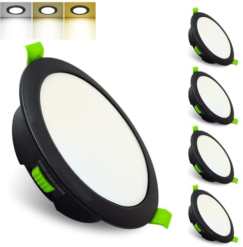 Sweier IP44 Downlight LED Techo Empotrable 7W 600LM Regulables 3000K/4500K/6000K con Brillo de 10%-100%, Negro Foco Empotrable Led Interior Techo AC220-240V, Orificio 95-100mm Pack 5