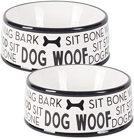 Bone Dry Ciotola per animali domestici in ceramica bianca e nera a forma di osso di cane, 16,25 x 16,25 x 2,5 cm, nero, 2 pezzi