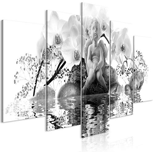 B&D XXL - Wandbilder XXL Engel 225x112cm 5 tlg - Wand Deko Leinwand Bilder Groß Wanddeko Wohnzimmer Schlafzimmer Kunstdrucke - Blumen Orchidee Wasser grau h-A-0161-b-p