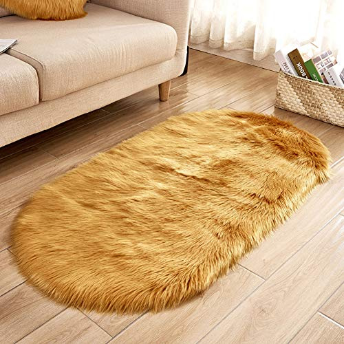 YAOTT Oval Faux Lambskin Sheepskin Rug, Thick Faux Fur Rug Anti-Slip Washable Plush Floor Carpet for Bedrooms Living Room Kids Rooms Decor Yellow camel 60X150CM