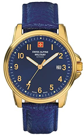Swiss Alpine Military 7011.1 Orologio analogico al quarzo da uomo in pelle, Blu/Oro/Blu - 1515sam, cinghia