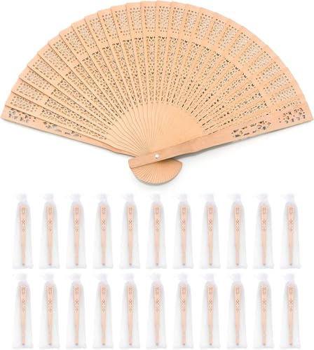 H.U.S.L® PACK 24 ABANICOS MADERA NATURAL 20 CM EN BOLSA DE ORGANZA A JUEGO, ABANICOS PARA EVENTOS, DETALLES PARA LOS INVITADOS, REGALOS DE BODA, FIESTAS, COMUNIÓN O BAUTIZO, (24 Unidades)