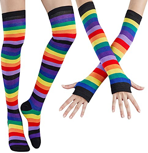 DRESHOW Kniestrümpfe Regenbogen Oberschenkel Hohe Socken Overknee Strümpfe Fingerlose Handschuhe Hülsen-Set für Damen Mädchen Party Stützen Kostüm Halloween