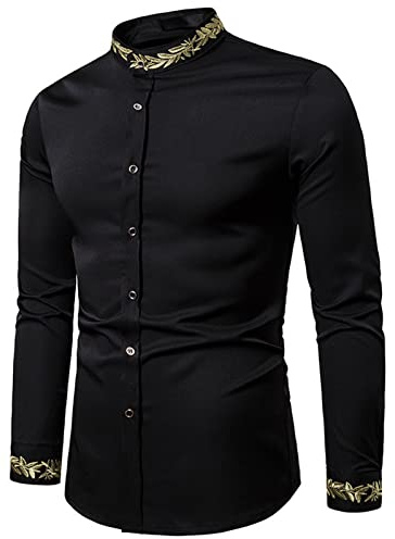 SSBZYES Chemises pour Hommes Chemises à Col Montant De Couleur Unie à Manches Longues Chemises Brodées à La Mode pour Hommes Motif De Broderie Col Henley Chemises à Manches Longues Tops Décontractés