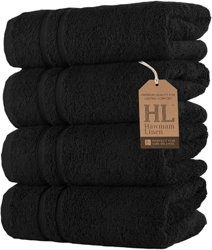 Hawmam Linen Lot de 4 Petites Serviettes en Coton Turc de qualité supérieure, Douces et absorbantes, pour Salle de Bain, Noir