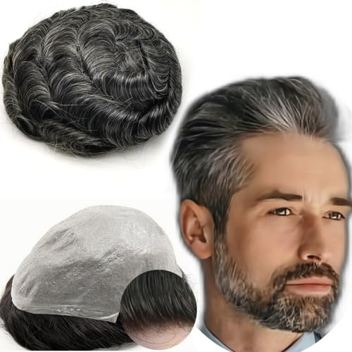 Toupet Cheveux Humains pour Hommes Yanahair Toupee 0.04mm Remplaçable Système Peau Mince pour Homme PU Postiche Base Perruques,8x10 pouces de Densité Moyenne Légère Postiche(#1B40 Noir et gris)