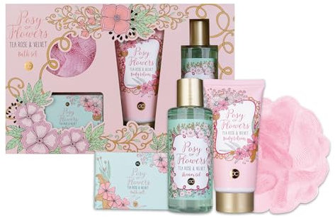 accentra - Geschenkset Frauen POSY OF FLOWERS 4-teilig - Badeset Geschenk mit Bodylotion, Badesalz, Duschgel & Netzschwamm – Wellness Set für Frauen & Mädchen zum Geburtstag & Valentinstag