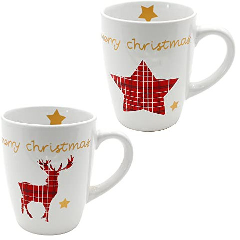 Dekohelden24 Keramik Weihnachts-Tassen - Merry Christmas - als 2er Set, Höhe: 10 cm - Ø 8,5 cm, Fassungsvermögen 350 ml.