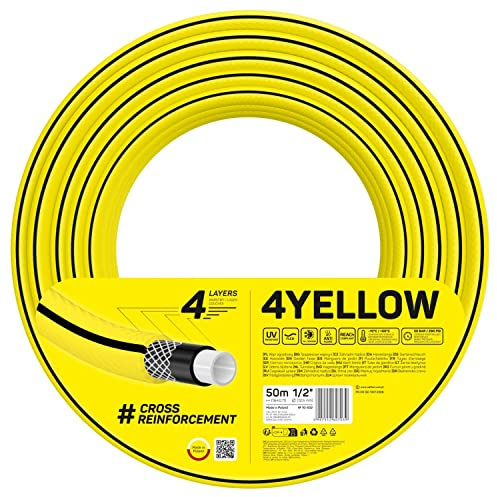 Cellfast Tuyau D'arrosage YELLOW, Léger, Durable, 4 Couches, Durable Tresse Croix, Résistant aux UV et aux algues, résistance à la torsion, Technologie REACH, 20 Bar, -10/+50°С Temp. 1/2, 50m