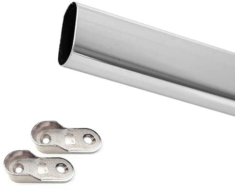 Oval Wardrobe Hanging Rail with End Supports – Polished Chrome Clothing Rail | Cupboard Rail Pole – Custom Length Hanging Rails, Closet Pole for Wardrobe up to 1000mm