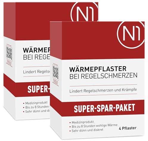 N1 Värmeplåster vanlig smärta 2 x 4 st – [medicinsk produkt med bevisad effekt] – lindrar smärtor och kramper – slappnar av magen – menstruations-värmebälte – värmeflaska ersättningsperiod