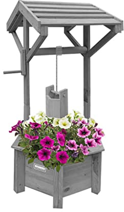 Vivo Technologies Wooden Wishing Well Planter for Garden, Wishing Well Garden Feature Outdoor Flower Pot Backyard Decor, Grey