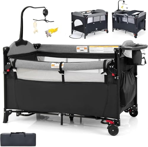 RELAX4LIFE 5 en 1 Cuna Bebé con Colchón, Cambiador, Juguete Colgante, Ruedas Bloqueables y Altura Ajustable en 4 Niveles, Cuna de Viaje para Niños 0-36 Meses (Negro)