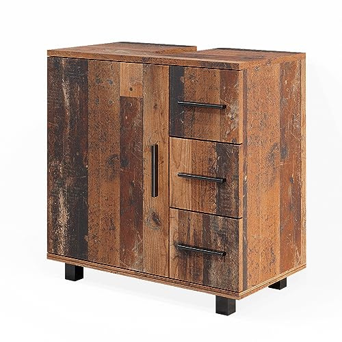 Vicco Meuble sous Vasque Simple Ilias, Chêne Rustique, 60x60.8cm | avec porte et 3 tiroirs, avec découpe pour siphon pour installation sur lavabo