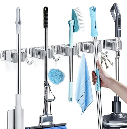 MOREMOCO Besenhalterung Wand, Besenhalter Gerätehalter Gartengerätehalter Wandhalterung Edelstahl Besen Mop Halter Selbstklebend Werkzeughalter Organizer mit 5 Halter und 4 Haken