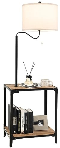HOMASIS Stehlampe mit Tisch & Regal, Standlampe mit Leinen-Lampenschirm, Standlampe mit E27 Licht, Standleuchte mit USB-Anschluss, Stehleuchet Wohnzimmer Schlafzimmer, Leselampe Schwarz