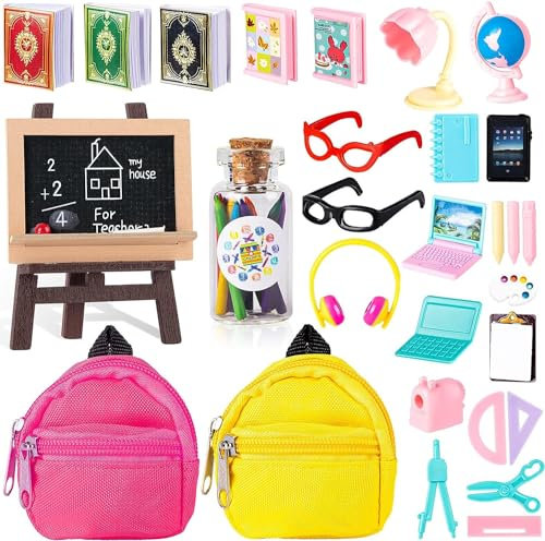 LZMDISU Schulbedarf-Set für Puppen - 30 Stück mit Mini-Puppe, Brille, Rucksack, Tafel, Laptops, Lineal, Schere, Buch, Palette, Papierrechner und Zubehör