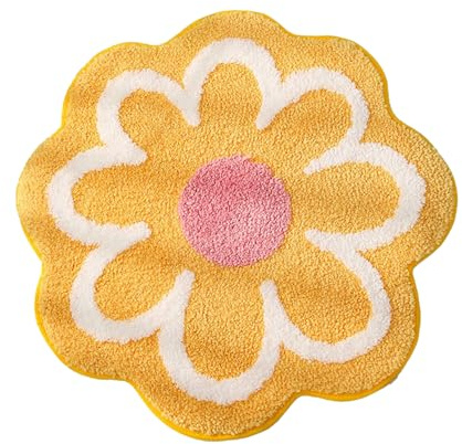 23.6 Inch Cute Flower Bath Mat Pink Floral Bathroom Rugs Soft Flower Bathroom Mat Washable Bath Mats for Bathroom Shower Bathtub Mat Small Bath Rugs Gifts for Women(Yellow)