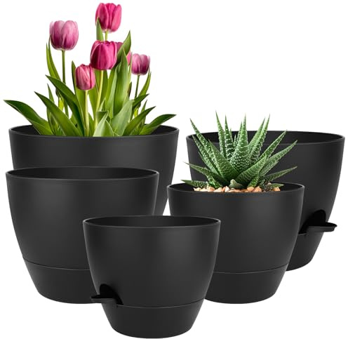 QRRICA Plant Pots 10/9/8/7.5/7 Inch Self Watering Pots, Set of 5 Plastic Planters with Drainage Holes and Saucers,Plastic Flower Pots,Nursery Planting Pot for Indoor Out Door Plants(All Black)