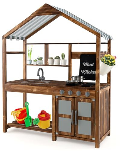 COSTWAY Matschküche Kinder Outdoor, Kinderküche Massivholz mit Vordach & Wasserhahn & Spülbecken & Tafel & Blumentöpfen, Gartenküche inkl. Zubehör, Spielküche Outdoor Küche für Kinder ab 3 Jahren