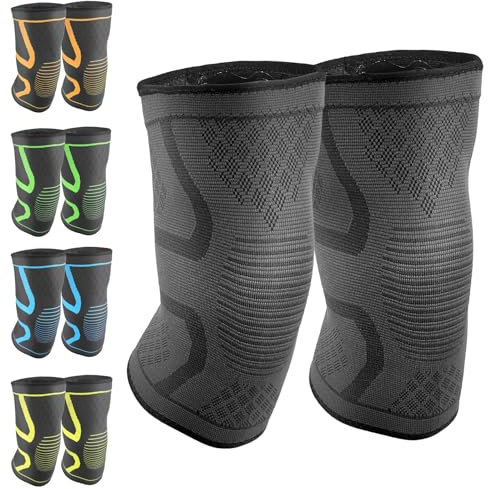 FESAS Compression Knee Braces 2-Pack - Support Sleeve for Running, Sports, Pain Relief from Meniscus Tear, ACL & Arthritis for Women & Men (Grey, Medium)